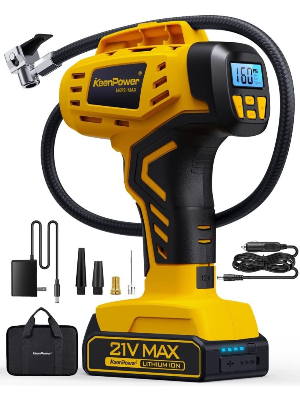 Portable Tire Inflator Air Compressor, 21V Battery, 160PSI - Compact & Powerful